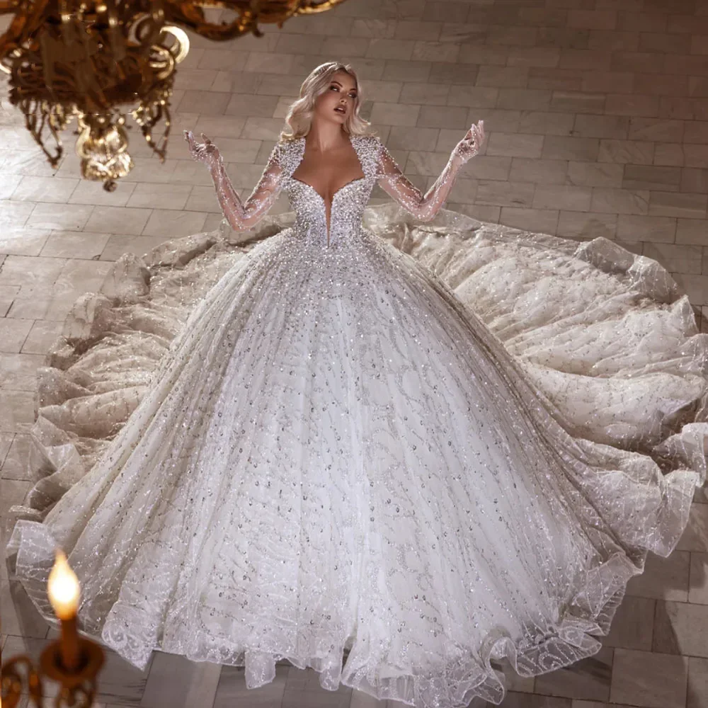 

Luxury Royal A-line Lace Crystal Beaded Women's Wedding Dress Sexy V-neck Transparent Long Sleeve Palace Bridal Dress Customized