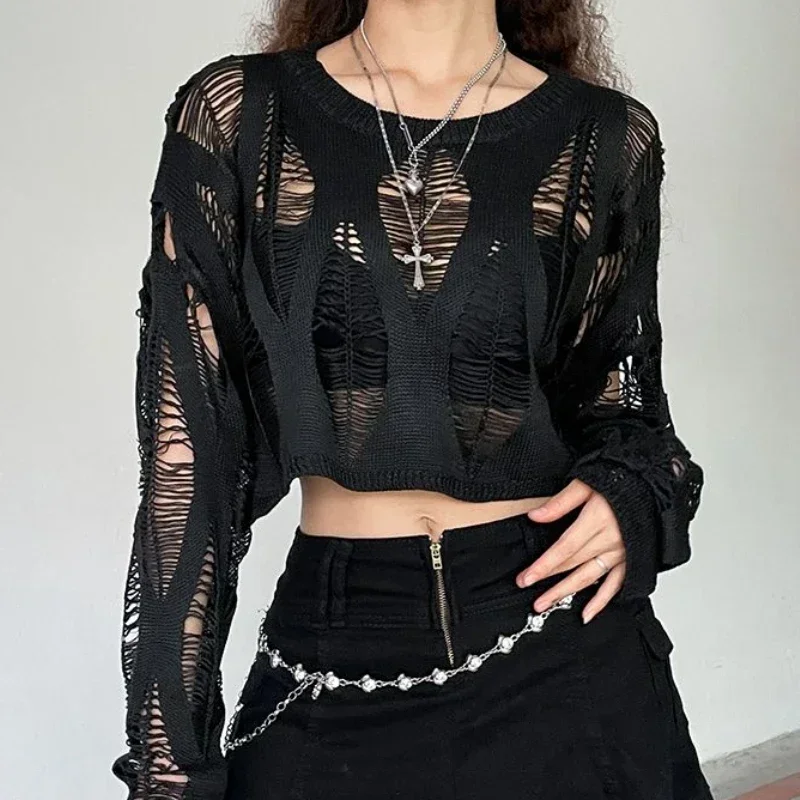 Women Knitted Pullover Dark 2024 Fashion Korean Harajuku Ripped Long-sleeved Top Sexy Openwork Summer Girl Sweater