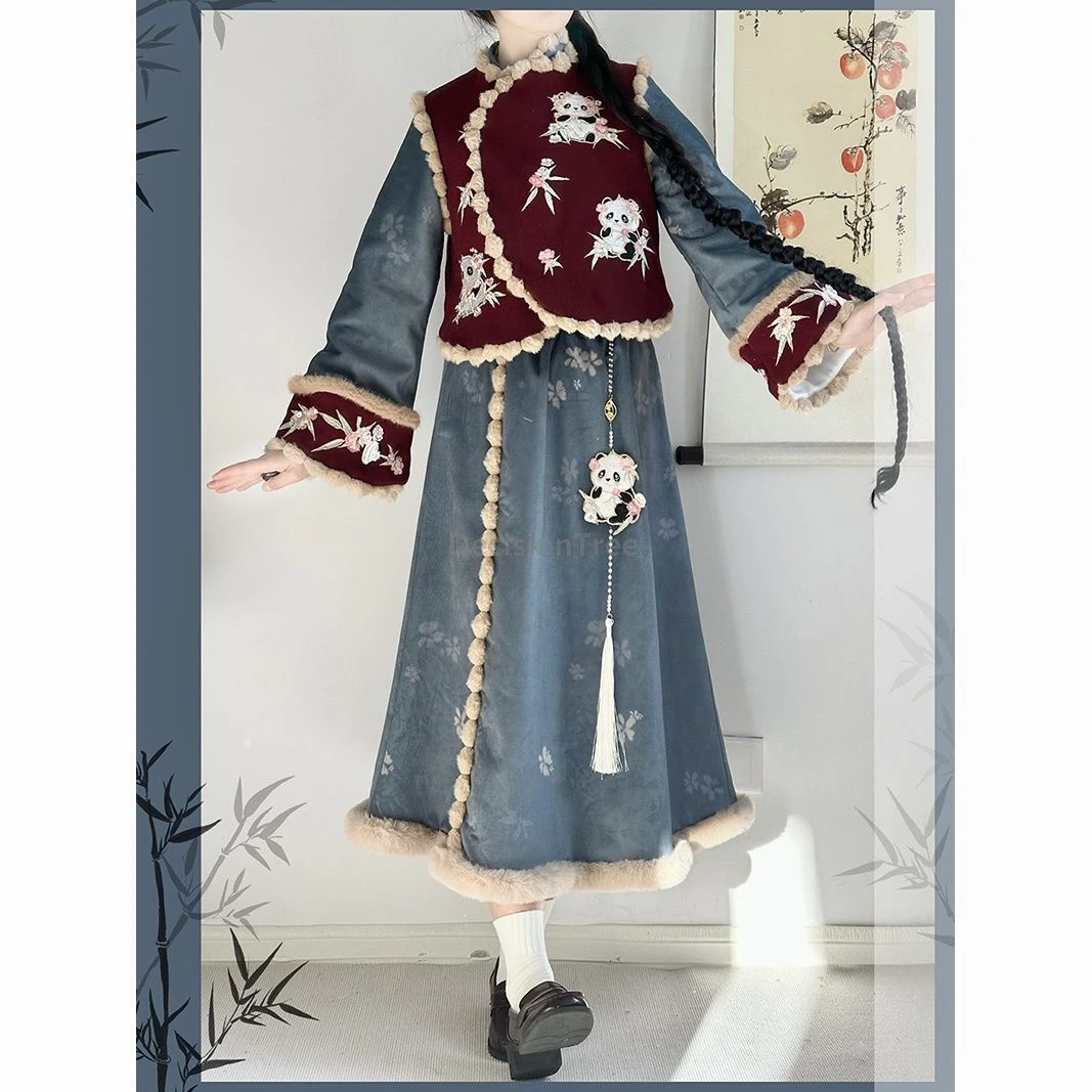 

2025 зимний утолщенный теплый повседневный наряд ханьфу, милая элегантная литературная художественная китайская классическая модная женская одежда ханьфу