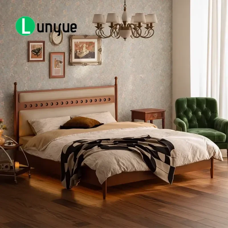 Vintage American Queen Double Bed Upholstered Headboard Engineered Wood Eco-friendly Economical Bedroom Furniture