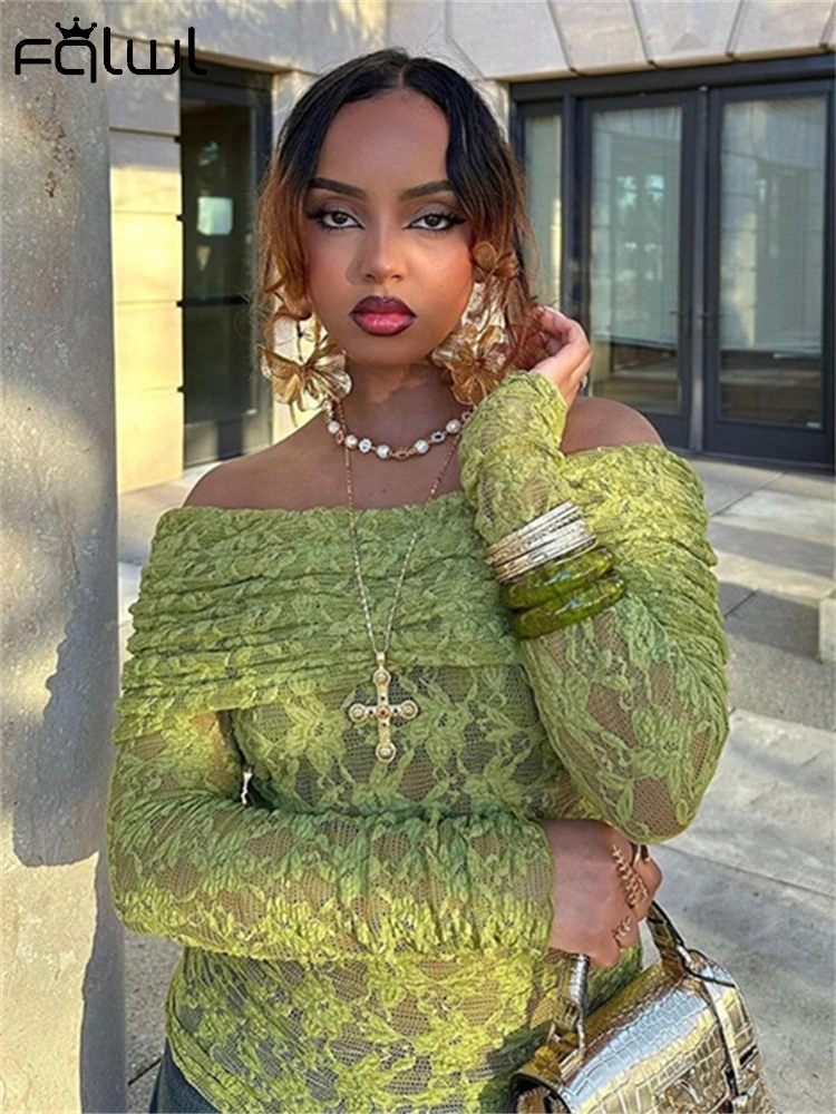 

Habbris Autumn Y2K Green Off Shoulder Ruched Crop Tops For Women 2024 Sexy Mesh See Through Tees Tops Backless Elegant Blouses