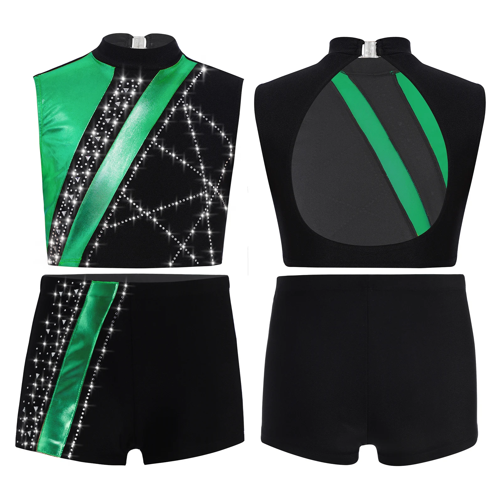 Children Gymnastics Outfit for Girls Sleeveless Cutout Back Rhinestones Tops Shorts for Ballet Dance Ice Skating Performance Set