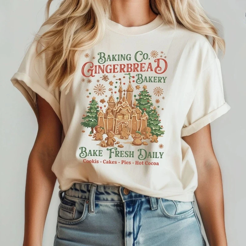 

Disney Baking Company Gingerbread Baking Christmas Print Men's and Women's T-Shirts Cotton Short Sleeves Loose Plus Size