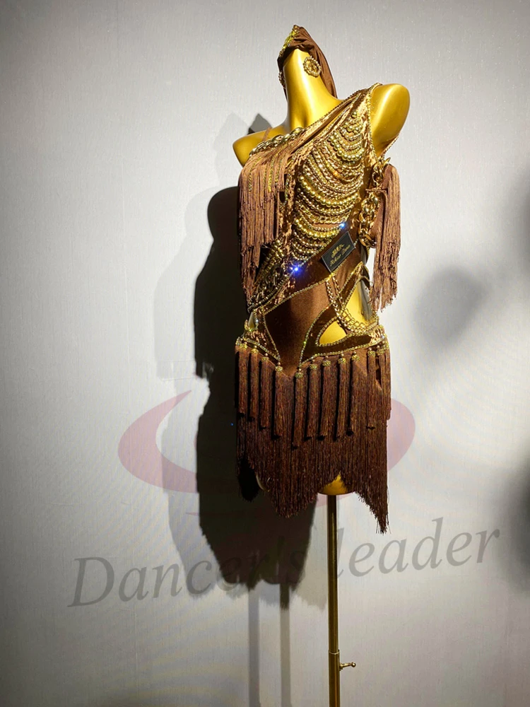 

Платье для латинских танцев для взрослых и детей, высококачественное платье с золотым жемчугом и кисточками из камня AB, женская одежда для ча-ча-танго