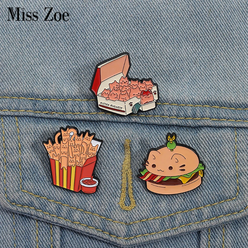 Katze Burger Emaille Pins Benutzerdefinierte süße Katze Pommes Frites Broschen Revers Abzeichen Kleidung Tier Schmuck Geschenk für Kinder Freunde