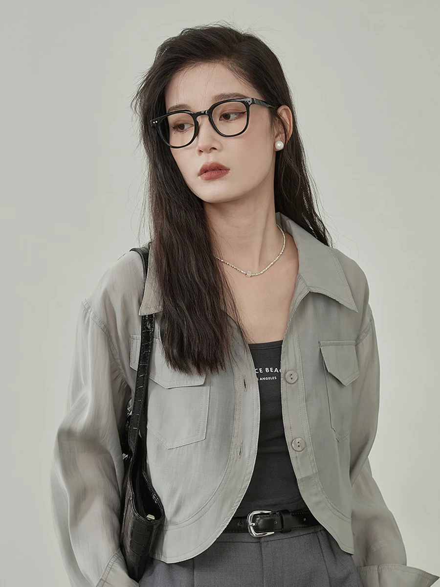 

Женская рубашка с длинным рукавом для защиты от солнца, повседневный стиль, приталенный крой, ткань из других материалов, отложной воротник, укороченная, модный тренд