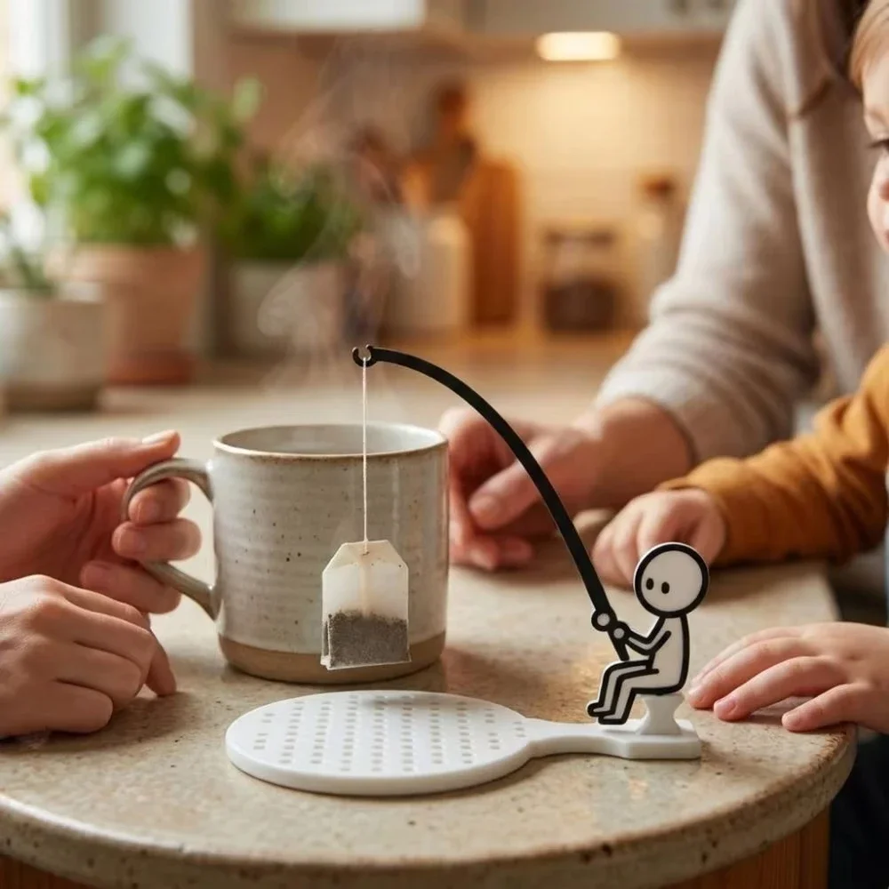 2 In 1 Funny Fisherman Tea Bag Hanger Table Mount Cup Holder Tray Novelty Coffee Cup Coaster 3D Printed Creative Desk Decor Gift