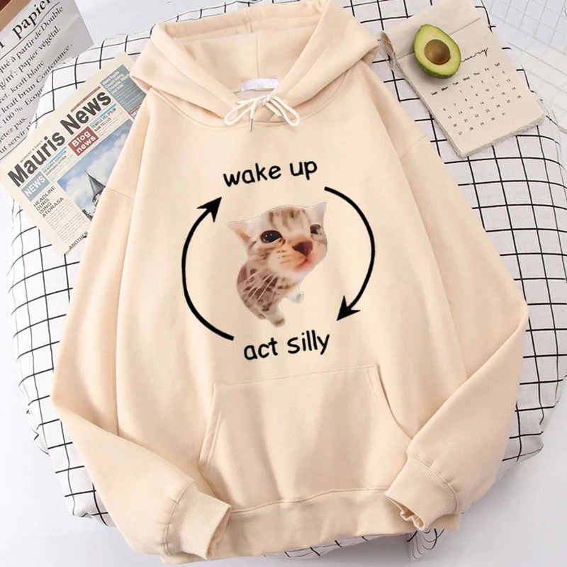 متعة الاستيقاظ Act سخيفة ميمي الجرافيك هوديي مضحك لطيف القط طباعة طويلة الأكمام البلوز الرجال النساء عادية المتضخم البلوز القمم