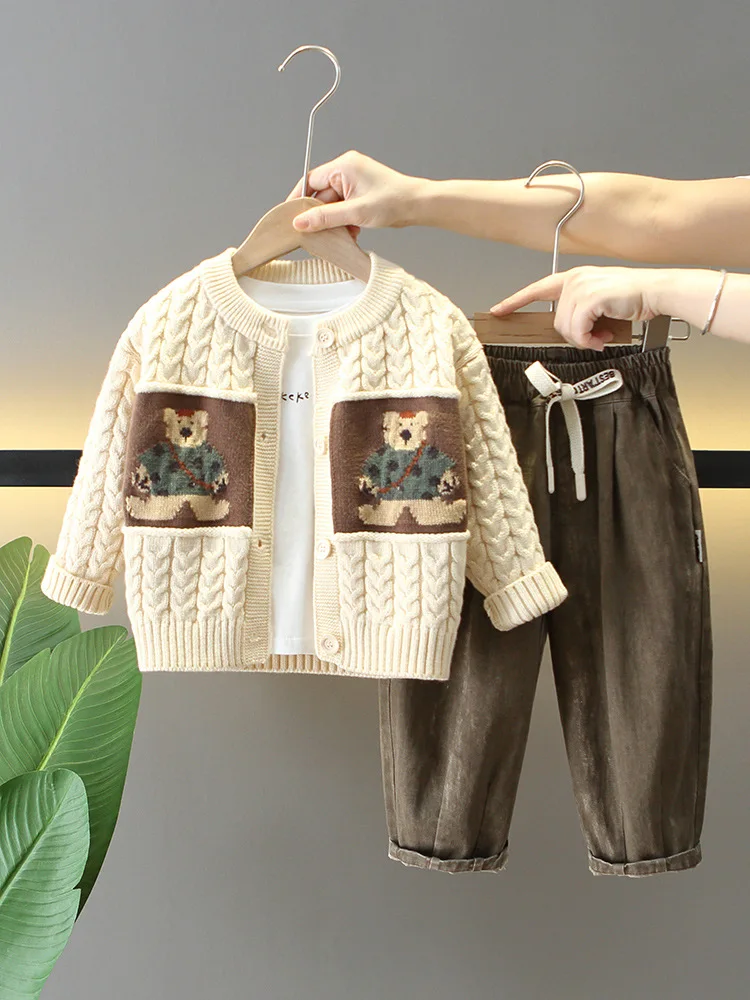 

3 Piece Set for Boys and Girls, Autumn Bear Knit Cardigan+T-Shirts+Pants Set for Newborns, Spring and Autumn Children Set 1-6Yrs