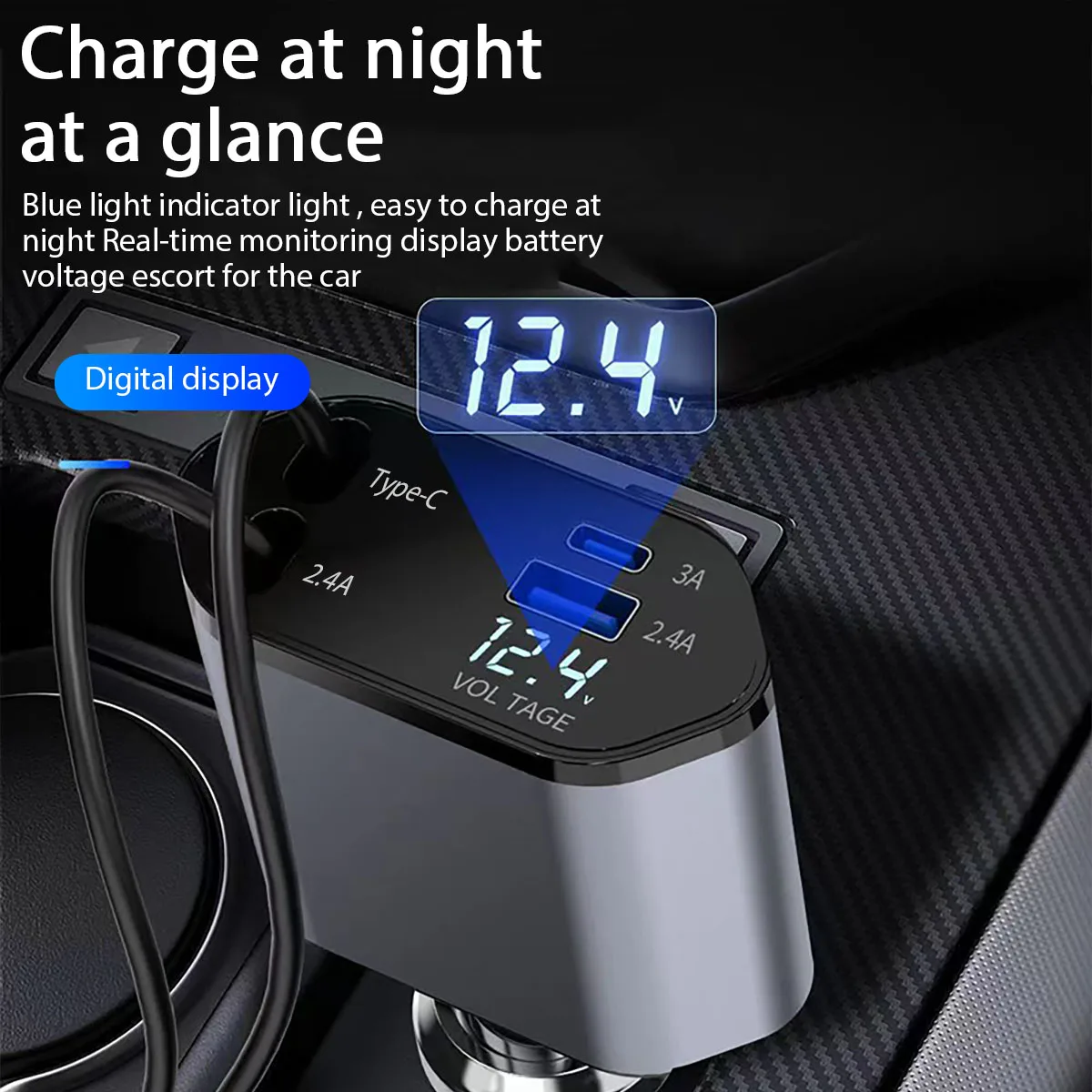 Caricabatteria da auto retrattile, caricabatteria da auto a ricarica rapida 4 in 1 da 120 W, cavo retrattile e adattatore per caricabatteria da auto con 2 porte USB compatibile
