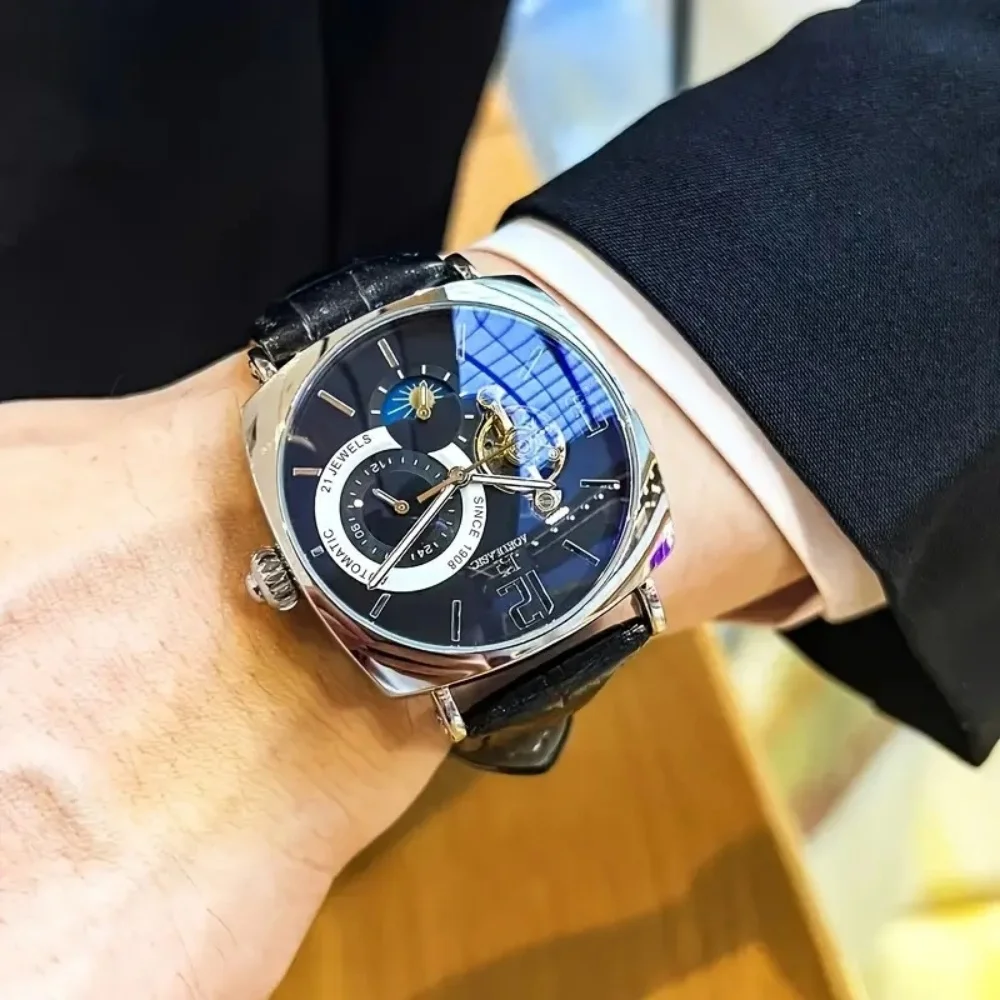 New Stylish and Elegant Men's Vintage Mechanical Watch - Skeleton Dial, Alloy Case, Leather Strap - Business Casual Wear, the Best Gift for Him, No Batteries Required