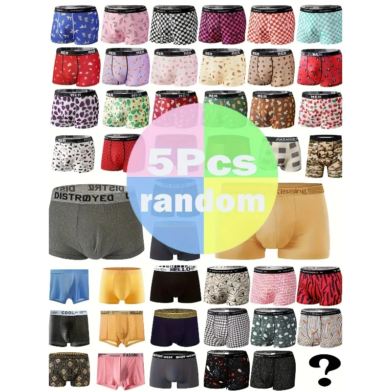 5Pcs Mens Random Boxer Shorts Mixed Print and Solid Colors Comfort Daily Underwear Set