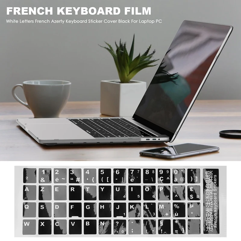 غطاء لاصق للوحة المفاتيح من فيلم White Letters French Azerty باللون الأسود لأجهزة الكمبيوتر المحمول