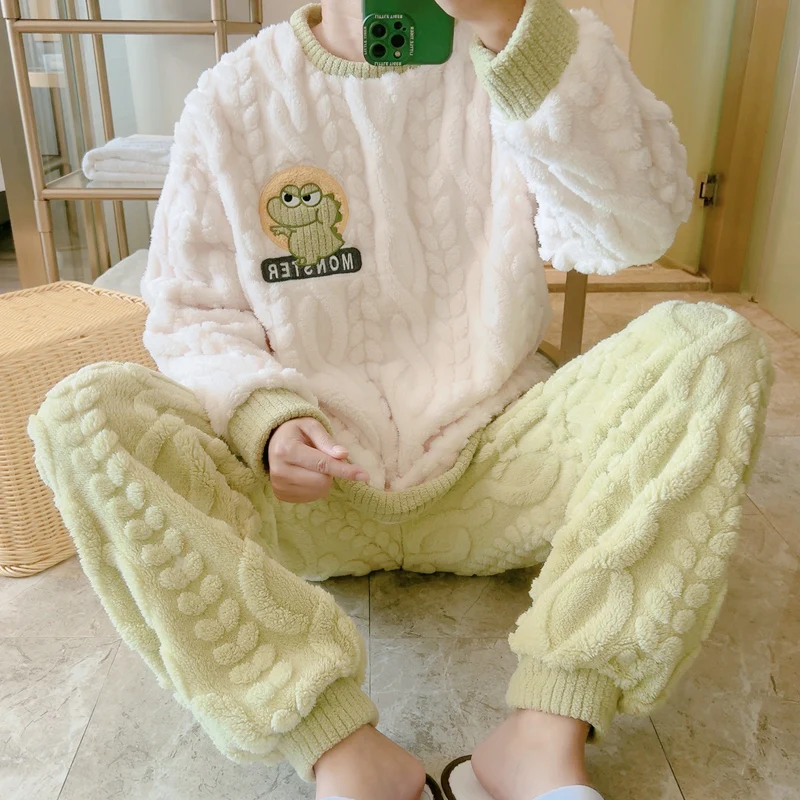 

DAIMELU youth pajamas men sleepwear winter fattening coral fleece long sleeved dinosaur warm flannel large size suit loungewear