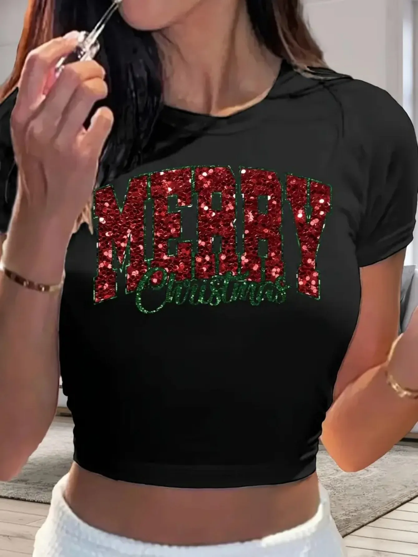 Neues Y2K-T-Shirt mit Aufdruck „Merry Christmas“-Kostüm für Damen, schmale Passform, süßer, cooler Urlaubsstil, auffälliges Top für Damen