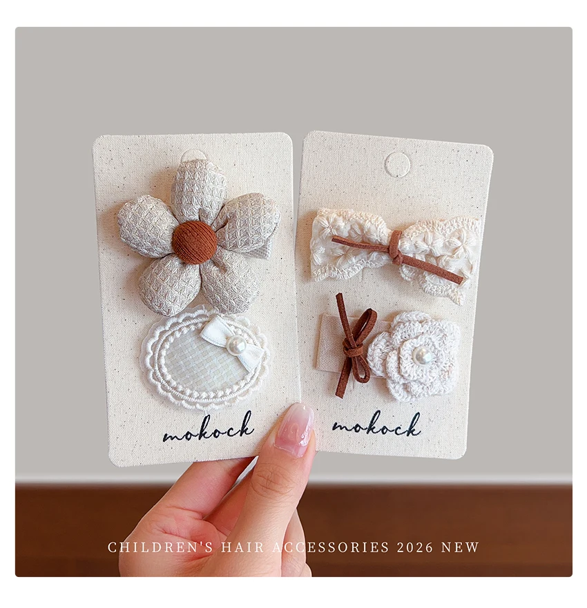 2026 Neue Boho Beige Creme Haarspangen 2 Stück/Set Spitze Strickblume Schonende Haarklammern für Kleinkind-Mädchen – Detail 8
