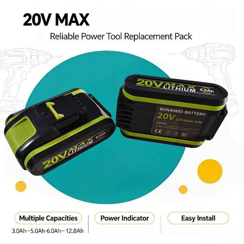 20V Rechargeable Lithium‑ion Battery 3.0Ah‑12.8Ah Replacement Pack For Worx lpega WA3641 WU268 WX678 WX550.2 WX550 Tools