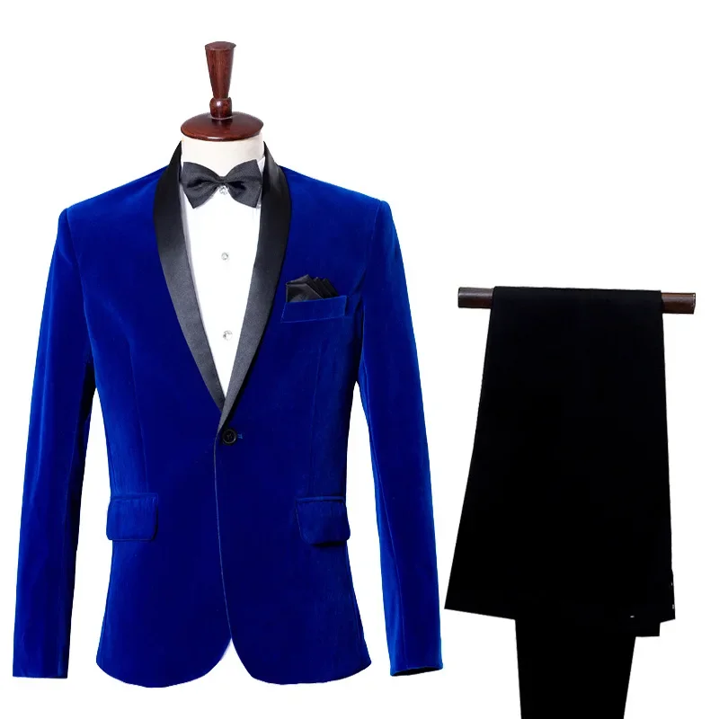 Men Suit Singer Stage Show Groom Suit Business Dress Wine Flannel Treasure Smart Casual Mens Suits with Pants