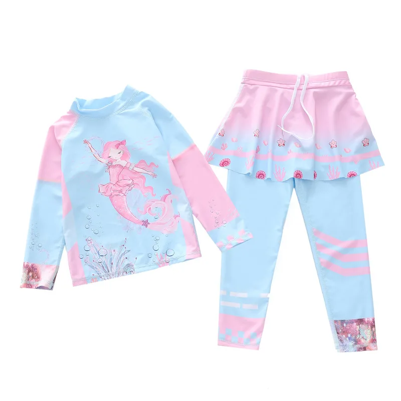HappyFlute Two Piece Set Mermaid Princess Style Long Sleeve Beach Breathable Sunscreen Swimsuit