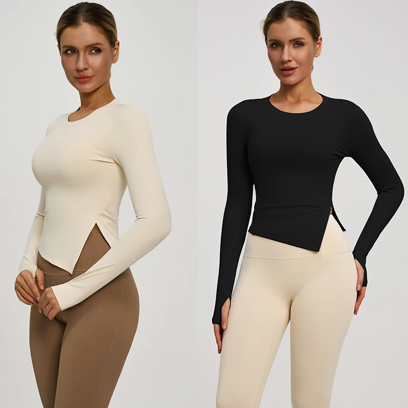 

Autumn and Winter New Long Sleeve T-shirt Round Neck Split Solid Color Yoga Clothing Sports Fitness Clothing Breathable Y2k