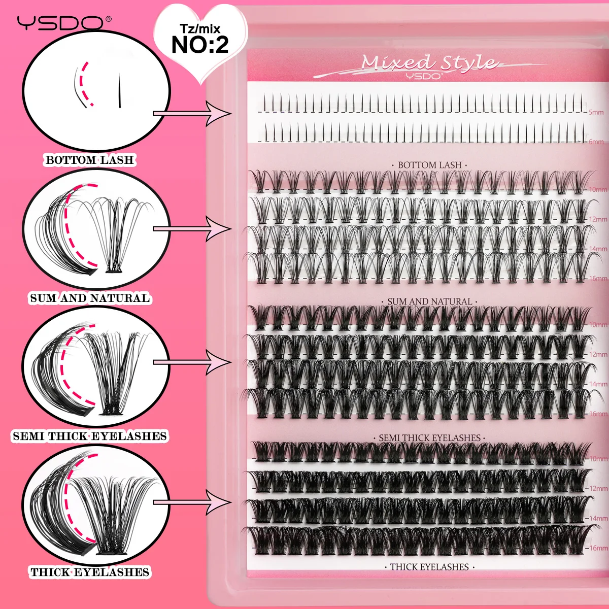 YSDO DIY Wimpernverlängerungsset 14/32P Einzelwimpern-Set Cluster D Curl 9-16mm Mix 30D-120D Wimperncluster mit Bindung und Dichtung – Detail 12