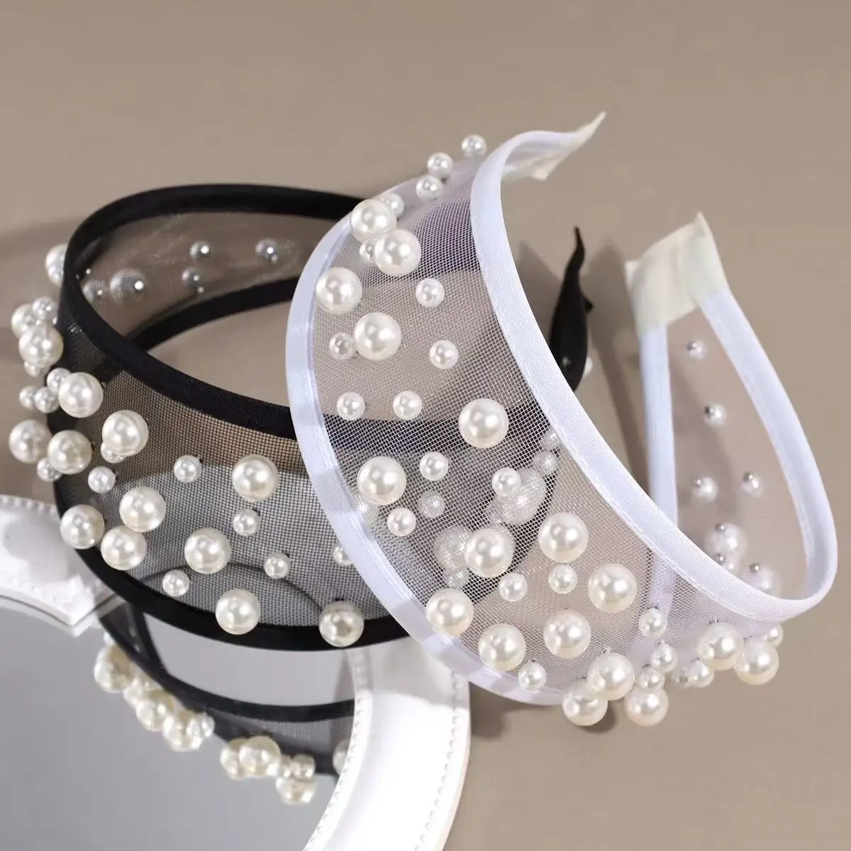 Neues schwarz-weißes 2,56 Zoll breites Mesh-Stirnband mit Perle für Frauen, rutschfester Haarreifen, elegantes modisches Haarband, Haar-Accessoires – Detail 2