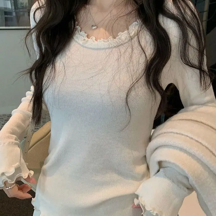 Women's Spring And Autumn Sweet And Comfortable Fleece Underwear French Double Layer Wooden Ear Round Neck Long Sleeve Top