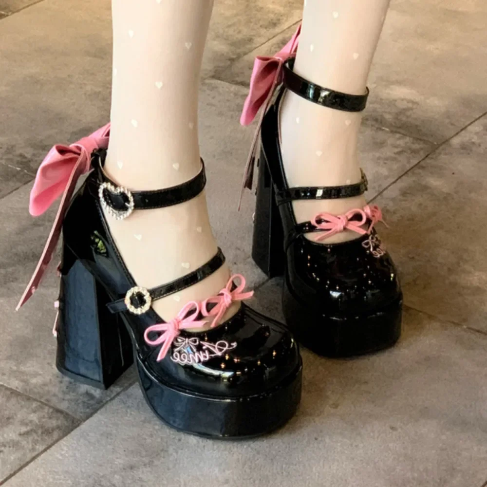 

Barbie MINISO High-heeled Shoes Lolita Bow Original Round Head Mary Strap Straps Pearl Shoes New Fashion Versatile Jk Shoes