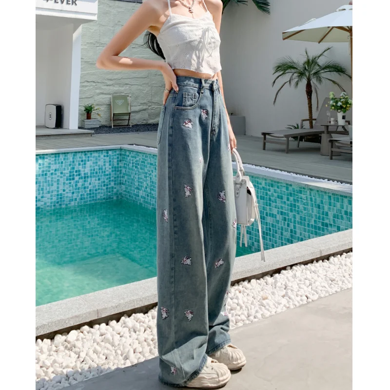 Blue Jeans for Women Embroidery High Waist American Fashion Y2K Chic Streetwear Wide Leg Jean Female Trouser Baggy Denim Pants