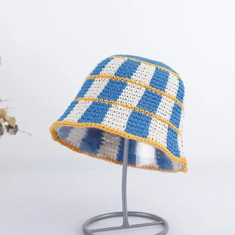 Casual Crochet Striped Bucket Hat Knitted Wool Cold Cap Korean Style Y2K Panama Hat Women