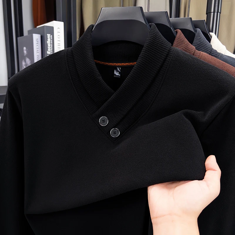 Light Luxury Man Long Sleeves Knitwear Scarf Collar Velvet Fleece Skin-Friendly KoreanStyle Winter Pullover Fashion Leisure Tops