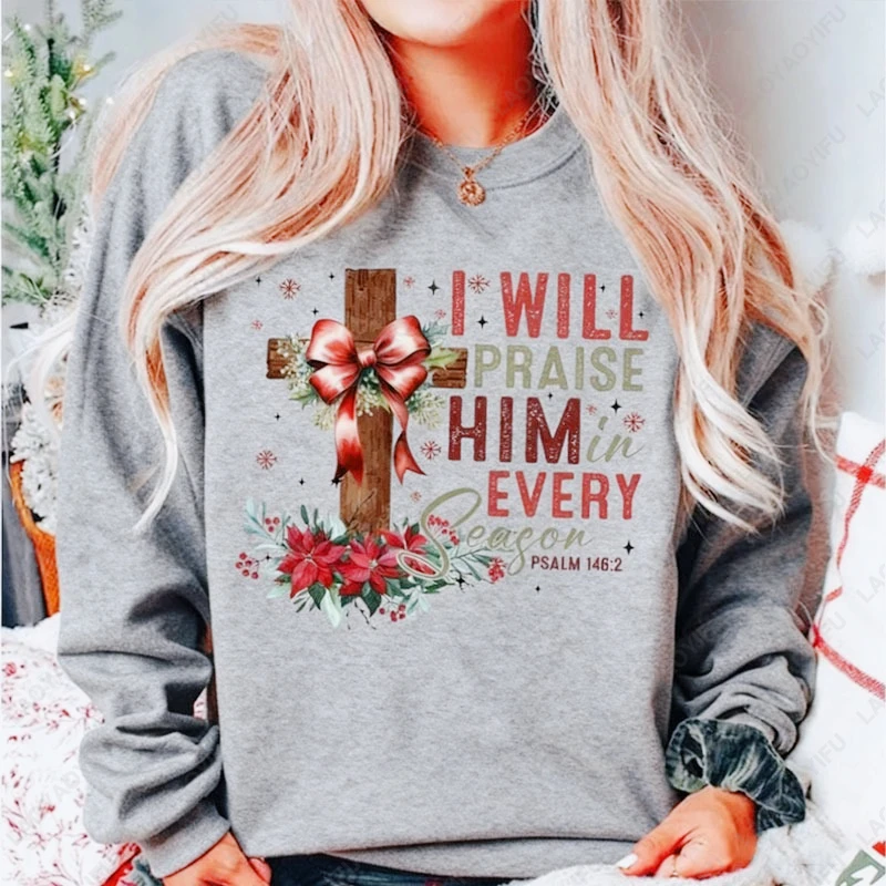 Bluza damska z okrągłym dekoltem, motywem Jezusa, krzyża i świąt Bożego Narodzenia w stylu retro, grafika Jezusa, świąteczna bluza z krzyżem i kokardą, idealna na przyjęcie świąteczne.