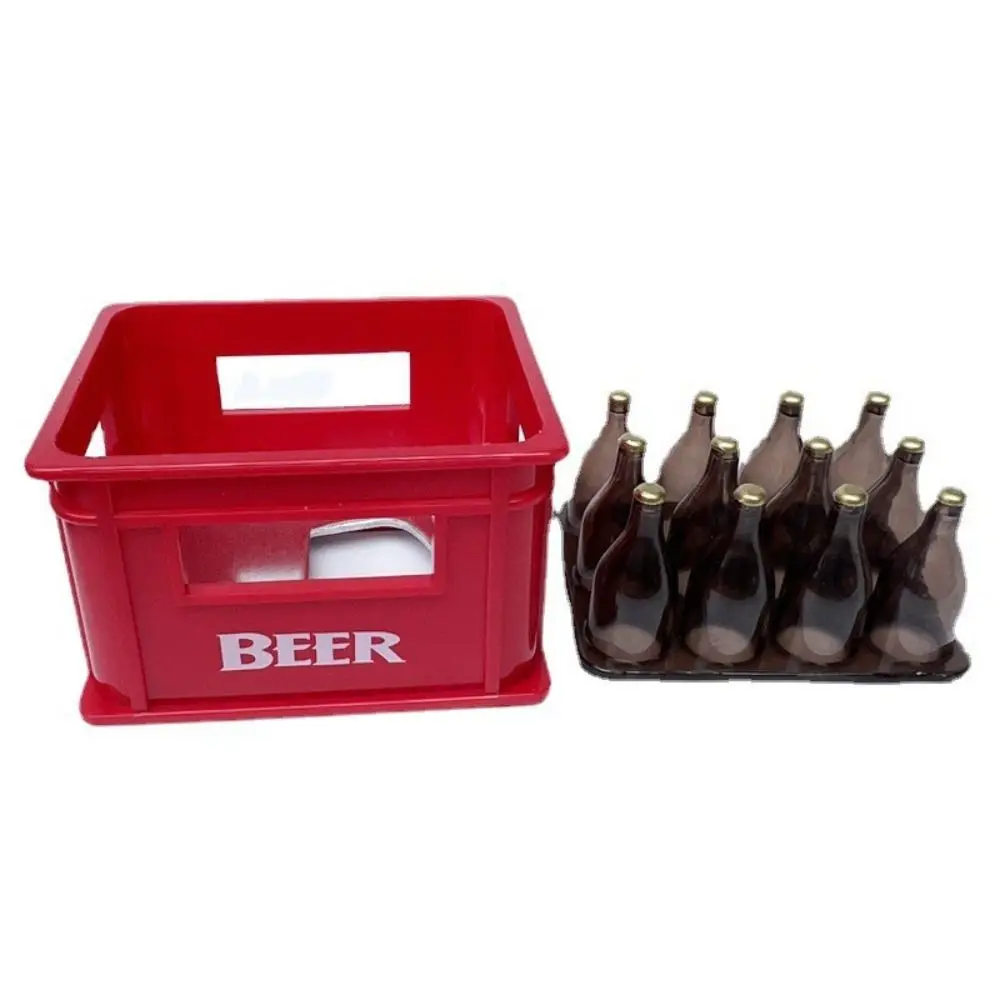 Mini casa de muñecas con marco de resina de cerveza, cesta de almacenamiento con 12 botellas, simulación de bebida, modelo de cerveza, accesorios