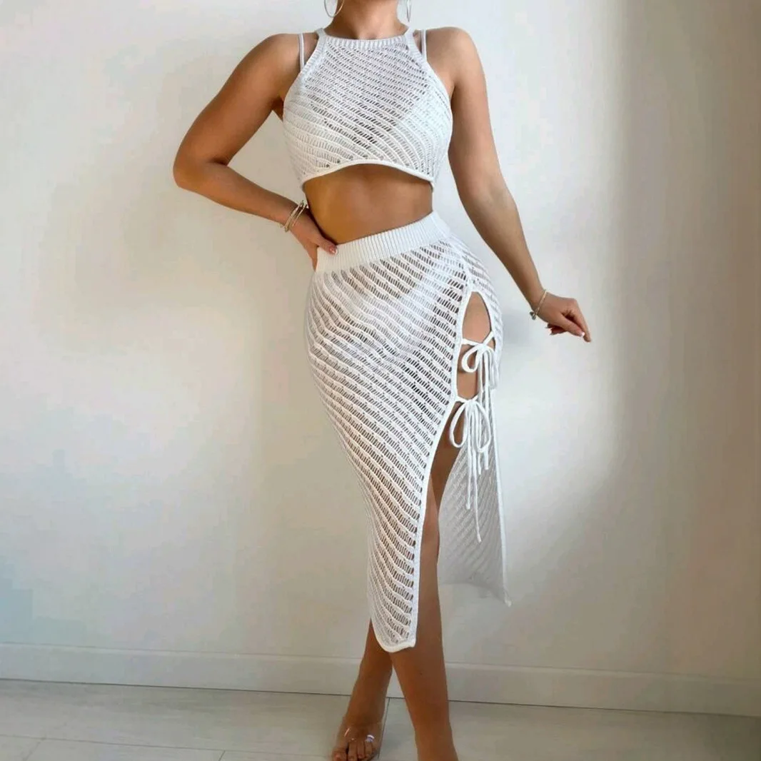 

Жилет с трансграничным источником, длинная юбка, комплект с поясом, пляжный вязаный топ, весна-лето, повседневный комплект спортивной одежды