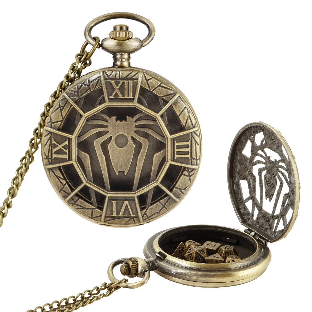 

Винтажный бронзовый карманный чехол для часов с дизайном паука и мини-развлекательным кубиком, карманная цепочка, подарки на день рождения