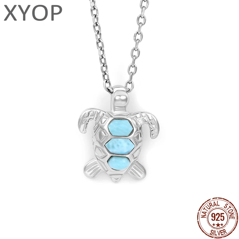 Sea Turtle Classic Charm 925 Sterling Silver Zircon Jewelry Gifts Natural Precious Dominica Larimar Pendant Necklace for Woman