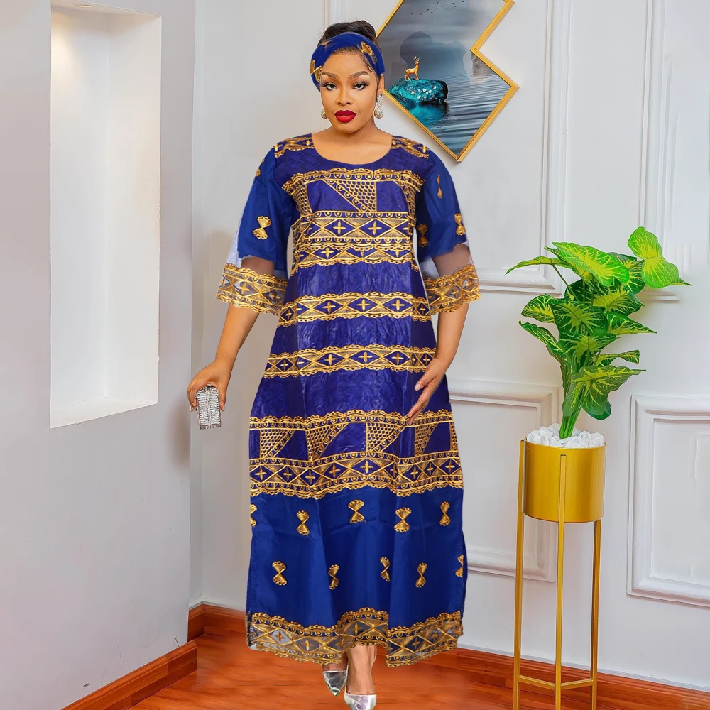 

H&D African Clothing Dresses For Women 2024 Elegant Wedding Party Ankara Dashiki Long Dress Roupas Blue Bazin Riche Robe