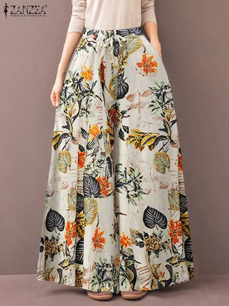 

ZANZEA Women Vintage Floral Printed Wide Leg Pants Autumn Casual Loose Trousers Bohemian Elastic Waist Cotton Long Palazzo 2024