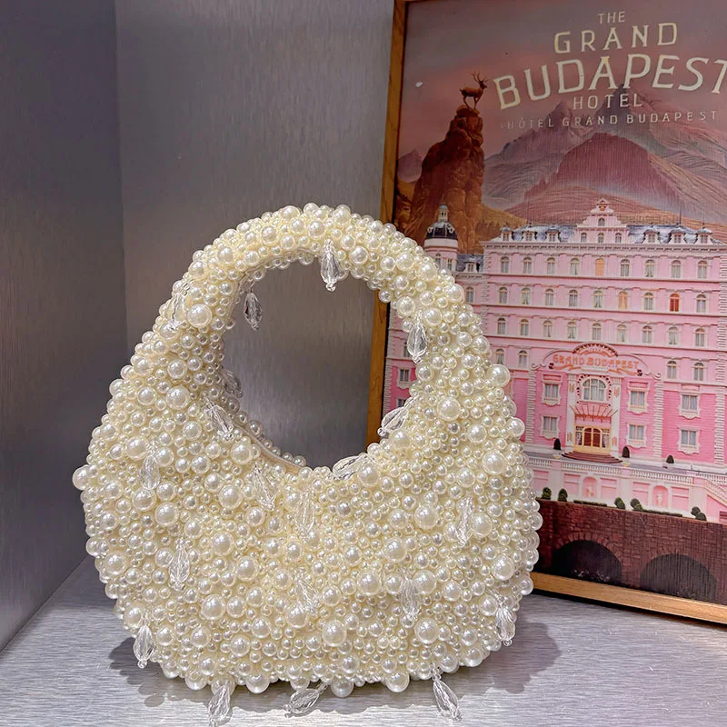 

High Quality Pearl Beaded Handmade Women Handbag Fashion Evening Bag Wedding Party Clutch Purse Beads Beading Woven Shoulder Bag