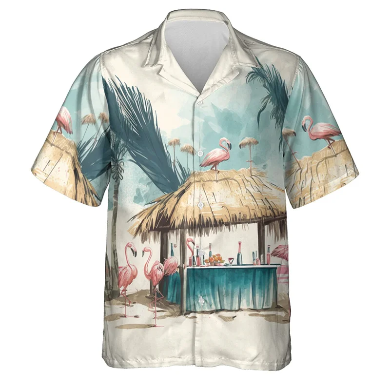 Hip Hop Hawaiian Flamingo 3D Printed Beach Shirts Aloha Animal Short Sleeve Vacation Women Lapel Blouse Fashion Button Y2k Tops