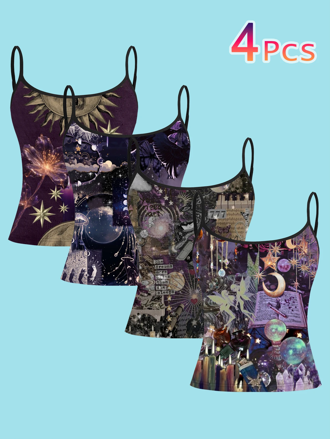 4-Piece Set of Dark Astrology-Style Printed Camisoles for Women, Deep Purple Mysterious Universe Star and Moon Patchwork Slim-Fit Spaghetti Strap Tops