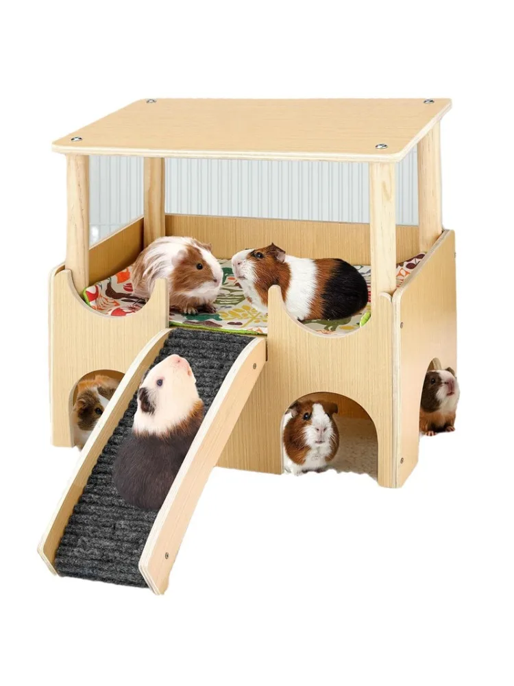 Premium houten cavia's huis |   Schuilplaats voor kleine dieren op 2 niveaus met trappen |   Snelle montage voor hamsters/konijnen/chilla's - afbeelding 2