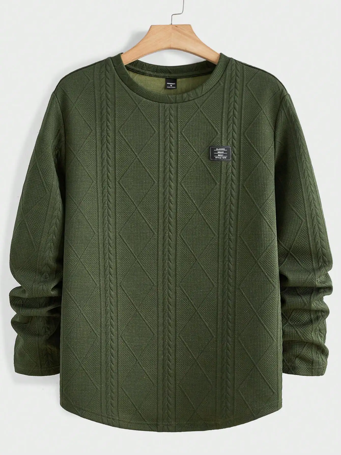 

Men's Olive Green Textured Cable Knit Long Sleeve Casual Top, Fall Style