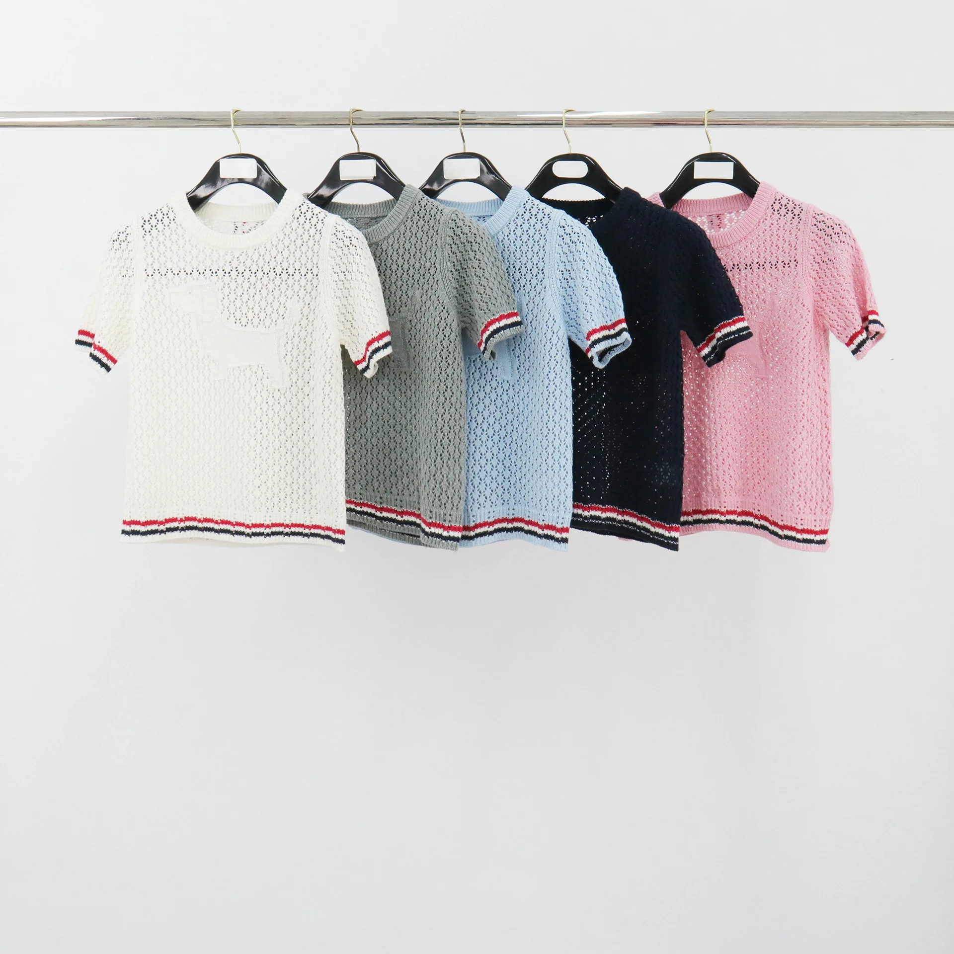 

High Quality Summer New Simple Stitched Hollow out round Neck Short Sleeve Knitted T-Shirt Women's Loose Fit Wool Blend Top