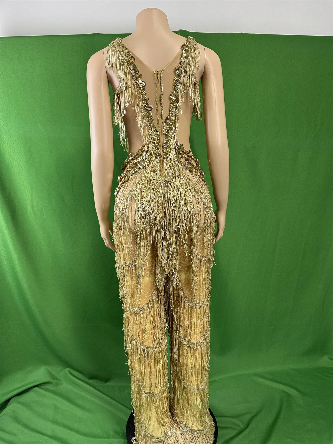 Damskie złote kombinezony z frędzlami z dżetów, seksowne stroje taneczne DJ DS Gogo Drag Queen, kostiumy rave na festiwal, bezrękawnikowe body 2025