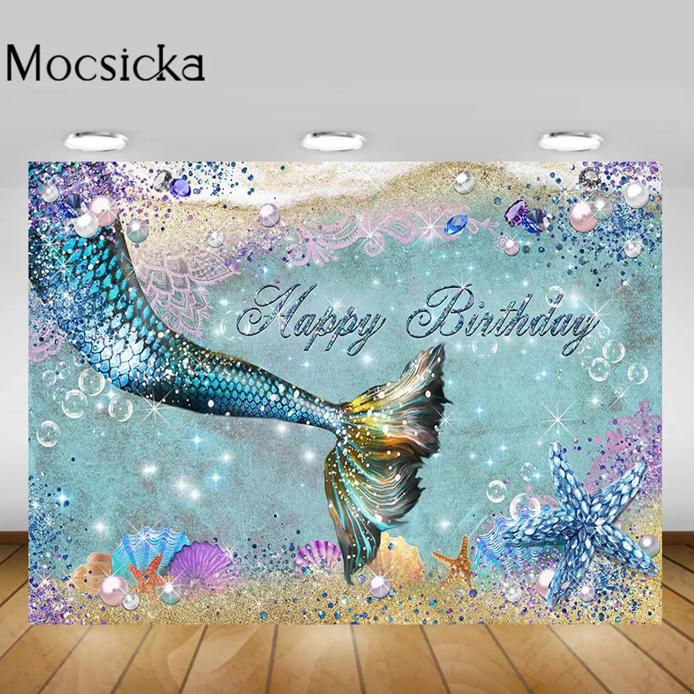 

Mocsicka Mermaid Birthday Party Backdrop Glitter Mermaid Princess Under the Sea Girl Birthday Photo Background Decoration Banner