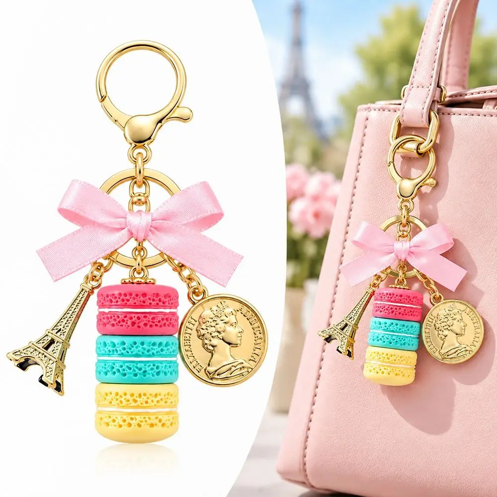 Key chain) Colorful Macaroon Keychain 4.45 Inch Cute Eiffel Tower Keychain Coin Macaron Bowknot Bag Charm Purse Charm