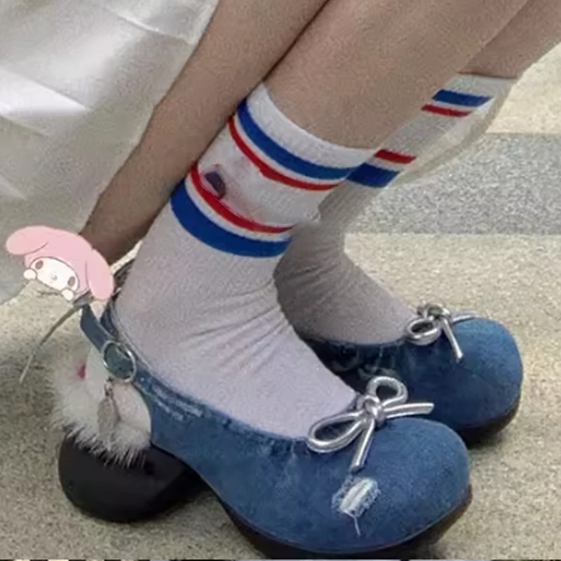 

Denim Fur-Trimmed Bowknot Platform Shaped Heel Sandals Woman Summer 2026 Slingback Closed-Toe Chunky Heels Mary Jane Shoes