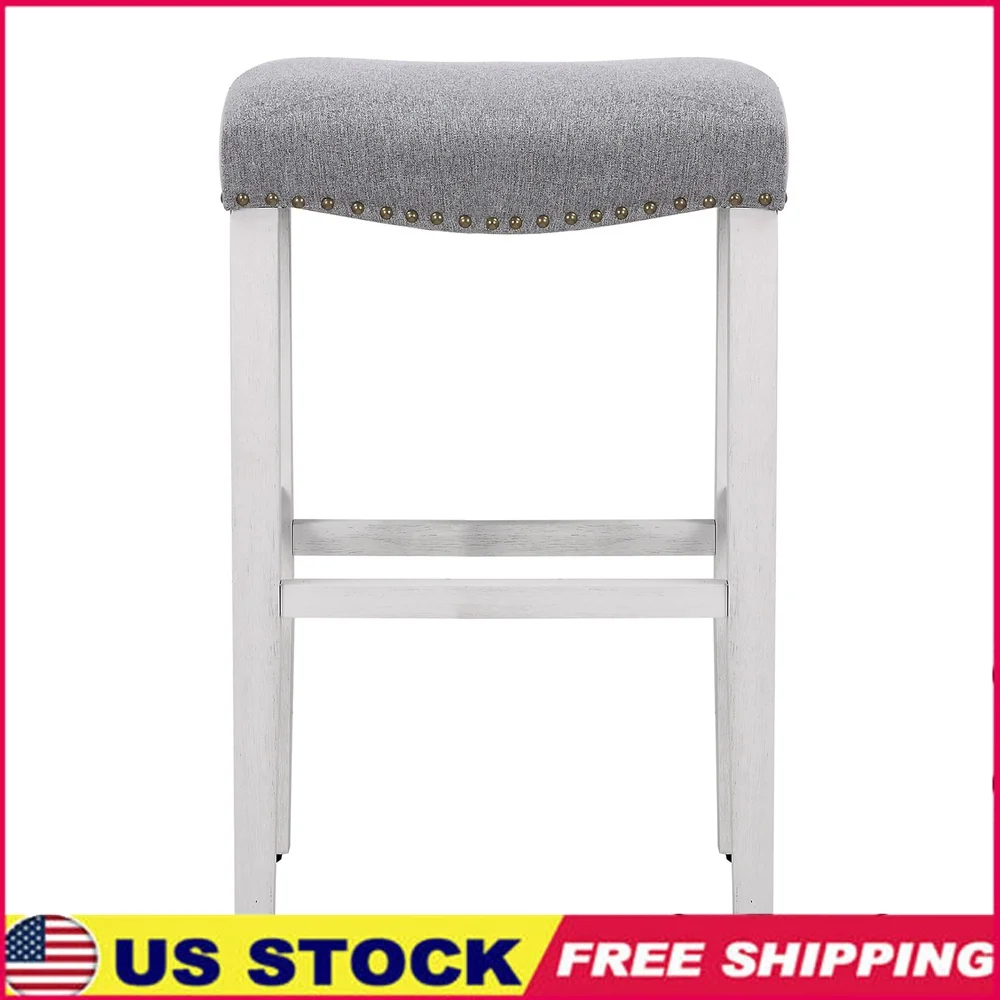 

Upholstered Polyester 29 Inch Bar Stool Saddle Seat Antique White Rubberwood Legs Adjustable Feet Vintage Charm Comfort