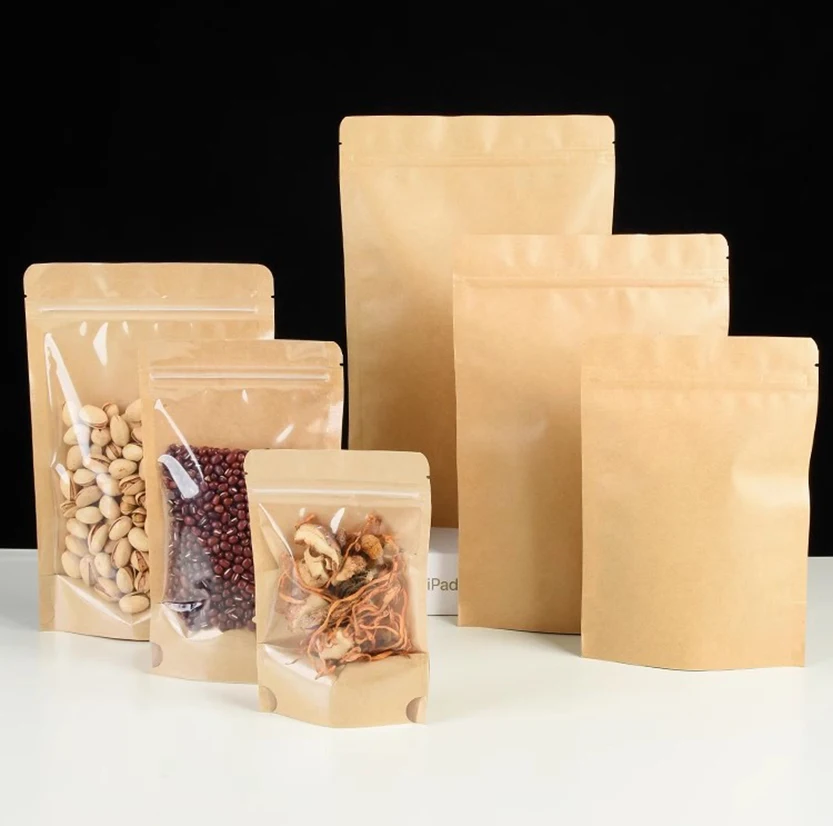 Transparent Kraft Paper Bag, Self-Standing Ziplock Package, Zip Lock Plastic Display Bags, Nut Tea